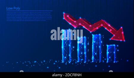 Grafici di crescita poligonali e freccia rossa che diminuiscono su sfondo tecnologico blu scuro, triangoli e design stile particelle. Illustrazione Vettoriale