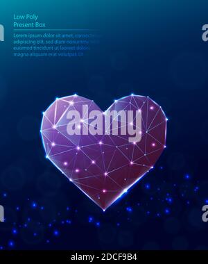 Vector TECH basso sfondo blu. Forma del cuore rosso-poly bassa. Illustrazione Vettoriale