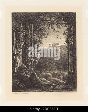 Samuel Palmer, (artista), britannico, 1805 - 1881, il Pastore addormentato; mattina presto, 1857, incisione su collé di cinelle, piatto: 12.5 × 10.3 cm (4 15/16 × 4 1/16 in.), foglio: 36.5 × 26 cm (14 3/8 × 10 1/4 in Foto Stock