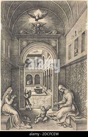 Daniel Hopfer, (artista), tedesco, c.. 1470 - 1536, la Vergine col Bambino con Sant'Anna da un portale, incisione (ferro), piatto morso due volte, foglio (rifilato all'interno della tacca della piastra): 23 x 15.5 cm (9 1/16 x 6 1/8 pollici Foto Stock