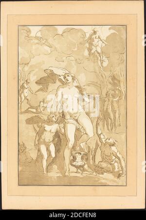 Johann Gottlieb Prestel, (artista), tedesco, 1739 - 1808, Jacopo Ligozzi, (artista dopo), Italiano, 1547 - 1627, Venere, Dessins des meilleurs Peintres d'Italie, d'Allemagne et des Pay-Bas Tirés de Divers célebres Cabinets (piatto 23), (serie), 1781, acquatin grigio e marrone Foto Stock