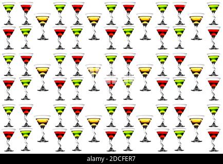 Set di cocktail multicolore su sfondo bianco isolato. Ripetizione senza giunture. Design originale dell'imballaggio Foto Stock