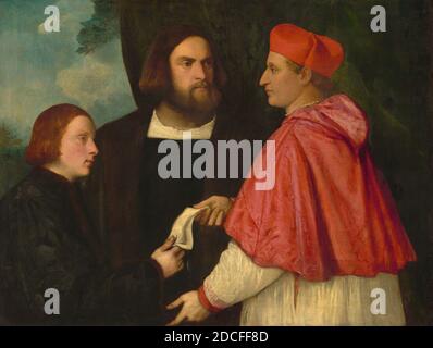 Artista anonimo, (pittore), Tiziano, (artista collegato), Veneziano, 1488/1490 - 1576, Girolamo e il Cardinale Marco Corner investendo Marco, Abate di Carrara, con il suo beneficio, c. 1520/1525, olio su tela, totale: 99.8 x 132.1 cm (39 5/16 x 52 pollici), incorniciato: 137.8 x 170.2 x 11.6 cm (54 1/4 x 67 x 4 9/16 pollici Foto Stock