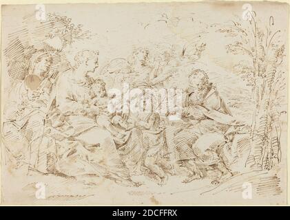 Donato Creti, (artista), Bolognese, 1671 - 1749, Sacra Famiglia con Santa Elisabetta, San Giovanni Battista, e due Angeli in un paesaggio, penna e inchiostro marrone con tocchi di marrone su carta defilata, totale (circa): 21.1 x 29.6 cm (8 5/16 x 11 5/8 pollici Foto Stock