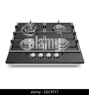 apparecchio da cucina vettoriale 3d realistico, superficie di cottura a gas. Illustrazione Vettoriale