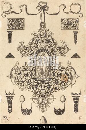 Daniel Mignot, (artista), tedesco, attivo 1593/1596, Ciondolo grande, Carità in piedi al Centro, virtù: pl.4, (serie), 1593, incisione Foto Stock