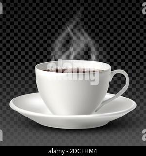 Tazza di porcellana bianca vettoriale 3d realistica isolata con tè o caffè all'interno e un piatto su sfondo bianco. Illustrazione Vettoriale