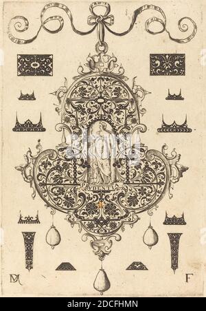 Daniel Mignot, (artista), tedesco, attivo 1593/1596, Ciondolo grande, Prudence in piedi al Centro, virtù: pl.6, (serie), 1593, incisione Foto Stock