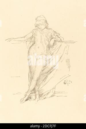 James McNeill Whistler, (artista), americano, 1834 - 1903, personaggio piccolo drappeggiato, pendente, 1893, litografia in nero su carta crema, immagine: 17.9 × 14.6 cm (7 1/16 × 5 3/4 pollici), foglio: 28.7 × 22.9 cm (11 5/16 × 9 pollici Foto Stock