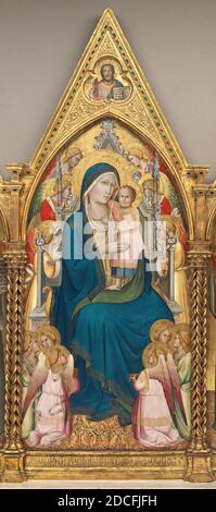 Agnolo Gaddi, (pittore), fiorentino, c.. 1350 - 1396, Madonna col Bambino in trono con dodici Angeli, e con la Benedizione Cristo, poco prima del 1387, tempera su pannello di pioppo, in generale: 204 × 80 cm (80 5/16 × 31 1/2 poll.), la maggior parte dei dipinti iniziali sono anche storie di mistero, rendendo gli storici d'arte che studiano loro detective di una sorta. Le firme non erano di routine, e le iscrizioni su questa grande pala d'altare chiamano i santi raffigurati, non l'artista che li dipinse Foto Stock