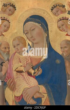 Sano di Pietro, (artista), Senese, 1405 - 1481, Madonna col Bambino con San Girolamo, San Bernardino, e Angeli, c.. 1460/1470, tempera su pannello, superficie verniciata: 62.5 x 42 cm (24 5/8 x 16 9/16 in.), totale: 64.8 x 43.8 cm (25 1/2 x 17 1/4 in Foto Stock