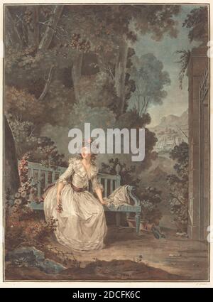 Jean-François Janinet, (artista), francese, 1752 - 1814, Claude Hoin, (artista dopo), francese, 1750 - 1817, Nina, ou la Folle par amour (Nina, o la donna addolorata da Amore), 1787, incisione e lavaggio, stampato in blu, giallo, rosso e nero, immagine: 32.1 x 23.8 cm (12 5/8 x 9 3/8 poll.), foglio (tagliato a o all'interno del platemark): 42.3 x 29.6 cm (16 5/8 x 11 5/8 poll Foto Stock