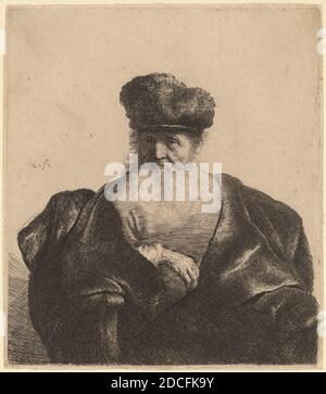 Rembrandt van Rijn, (artista), olandese, 1606 - 1669, Old Man with Beard, Fur Cap, e Velvet Cloak, c.. 1632, acquaforte Foto Stock