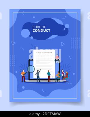 codice di condotta persone in piedi davanti grande portatile per modello di banner, volantino, libri copertina, riviste con forma liquida stile Illustrazione Vettoriale