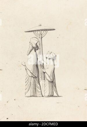 Maria Denman, (artista), inglese, attivo 1812, John Flaxman, (artista dopo), inglese, 1755 - 1826, scultura a Persepolis, da le Bruyn's Travels, Flaxman's 'Lectures on Sculpture:' pl.12, (serie), pubblicato 1829, litografia Foto Stock