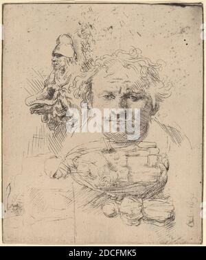 Rembrandt van Rijn, (artista), olandese, 1606 - 1669, foglio di studi con il capo dell'artista, un uomo Beggar, e Donna e Bambino, 1651, incisione, piatto: 10.3 x 9.3 cm (4 1/16 x 3 11/16 pollici Foto Stock