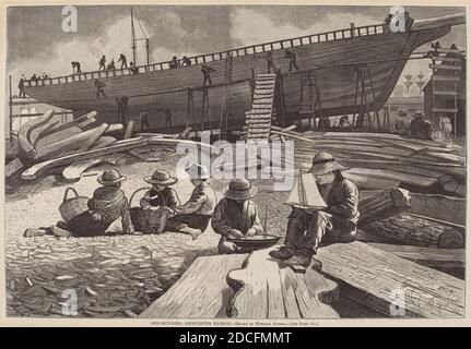 American 19th Century, (artista), Winslow Homer, (artista dopo), American, 1836 - 1910, Ship-Building, Gloucester Harbour, from 'Harper's Weekly', October 11, 1873, p. 900, (serie), pubblicato 1873, incisione in legno Foto Stock