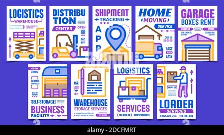 Poster promozionali servizi di magazzino Imposta vettore Illustrazione Vettoriale