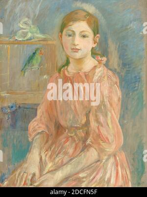 Berthe Morisot, (artista), francese, 1841 - 1895, la figlia dell'artista con un Parakeet, 1890, olio su tela, totale: 65.6 x 52.1 cm (25 13/16 x 20 1/2 pollici), incorniciato: 85.7 x 71.4 cm (33 3/4 x 28 1/8 pollici) Foto Stock