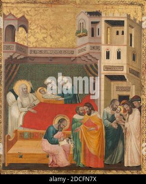 Giovanni Baronzio, (pittore), italiano, attivo c. 1320 - 1350, nascita, Naming e Circumcisione di San Giovanni Battista, c.. 1335, tempera su pannello, superficie verniciata: 46.4 × 38.3 cm (18 1/4 × 15 1/16 poll.), totale: 48.8 × 40.7 cm (19 3/16 × 16 poll.), incorniciata: 55.7 x 48.1 x 5.1 cm (21 15/16 x 18 15/16 x 2 poll. Foto Stock