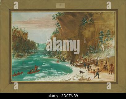 George Catlin, (artista), americano, 1796 - 1872, la spedizione accampò sotto le cascate del Niagara. Gennaio 20, 1679, 1847/1848, olio su tela, totale: 37.8 x 56.2 cm (14 7/8 x 22 1/8 pollici Foto Stock