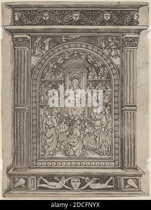 15esimo secolo italiano, (artista), Maso Finiguerra, (artista dopo), fiorentino, 1426 - 1464, la Vergine col Bambino in trono, con Angeli e Santi, 1450/1470, stampa niello, foglio (rifilato alla targa): 19.4 x 14.7 cm (7 5/8 x 5 13/16 pollici Foto Stock