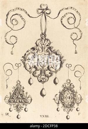 Daniel Mignot, (artista), tedesco, attivo 1593/1596, tre pendenti di Strapwork, quelli inferiori triangolari e ovali, pendenti di Strapwork, (serie), incisione Foto Stock
