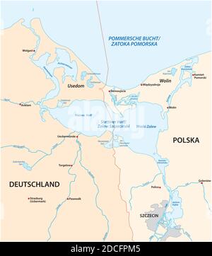 Mappa vettoriale della Laguna di Szczecin nell'estuario del Il fiume Oder nel Mar Baltico Illustrazione Vettoriale