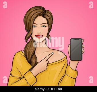La donna sorridente tiene lo smartphone in mano e punta al cellulare con il dito indice. Ragazza che mostra lo schermo del cellulare. Illustrazione vettoriale in stile pop art. Illustrazione Vettoriale