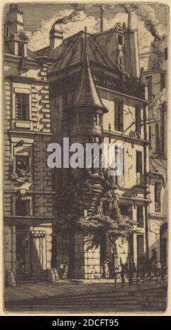 Charles Meryon, (artista), francese, 1821 - 1868, Tourelle de la Rue de la Tixéranderie, Parigi (Casa con una torretta, Weavers' Street, Parigi), 1852, incisione su carta verde Foto Stock