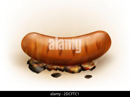 Vector realistico caldo succulento salsiccia alla griglia arrostita su carboni, isolato su sfondo bianco. Bratwurst di maiale o di manzo cotto su carbone fondente. Picni Illustrazione Vettoriale