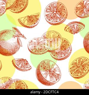 Motivo senza giunture arancione. Affettare, intero e metà di agrumi. Illustrazione vettoriale disegnata a mano, schizzo di sfondo frutto in stile vintage inciso. Illustrazione Vettoriale