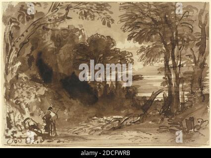 John Varley, (artista), British, 1778 - 1842, A Clearing in a Forest, fine 1830, penna e inchiostro marrone con lavaggio marrone su carta a fogli, totale: 11.1 x 15.8 cm (4 3/8 x 6 1/4 pollici Foto Stock