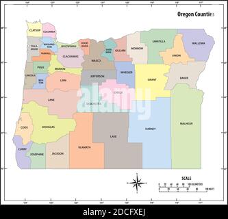 Mappa amministrativa e politica dello stato dell'Oregon a colori Illustrazione Vettoriale