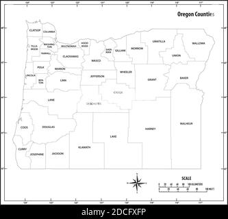 Oregon stato delineare la mappa amministrativa e politica in nero e. bianco Illustrazione Vettoriale