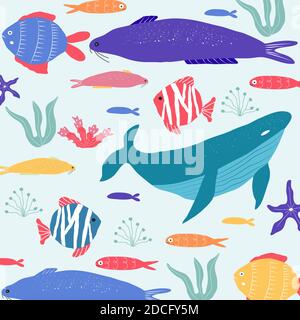 Creature sottomarine pesci, meduse, polpi, meduse, piante di mare e coralli, insieme con animali marini per tessuti, tessuti, carta da parati, arredamento vivaio Illustrazione Vettoriale