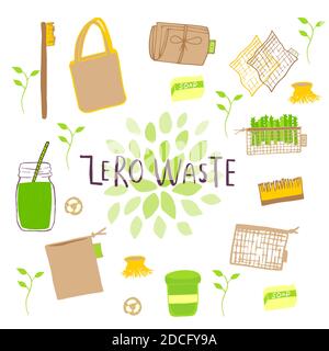 Set di concetto Zero Waste disegnato a mano. Nessun elemento plastico di eco-life: Carta riutilizzabile, bambù, legno, sacchi di cotone di tessuto, vetro, vasi, posate. Vettore Illustrazione Vettoriale