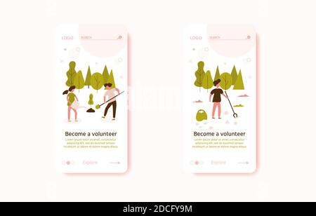 Un team di volontari di giovani e donne sta piantando alberi sul parco cittadino, piccole persone. Illustrazione vettoriale del concetto di volontariato per i lavoratori sociali Illustrazione Vettoriale