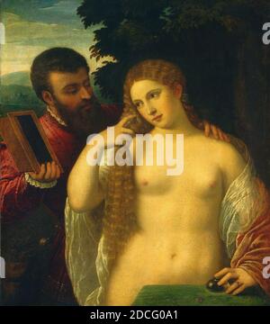 15/16 secolo italiano, (pittore), Tiziano, (artista collegato), Veneziano, 1488/1490 - 1576, Allegoria dell'Amore, c. 1520/1540, olio su tela, totale: 91.4 x 81.9 cm (36 x 32 1/4 pollici Foto Stock