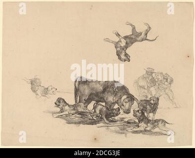 Francisco de Goya, (artista), spagnolo, 1746 - 1828, toro attaccato da cani, c.. 1825, litografia Foto Stock