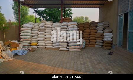 Novembre 2020- Mahroli, Jaipur, India / sacco di grano bianco, tenendo nel mercato del grano. Centro commerciale statale per l'importazione e l'esportazione di cereali. Foto Stock