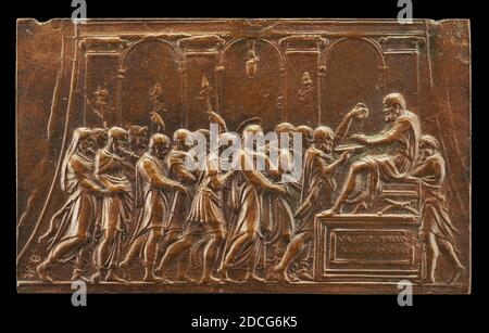 Valerio belli, (artista), italiano, 1468 - 1546, Cristo ha portato davanti a Pontius Pilato, patina bronzea/marrone scuro (leggermente strofinata), totale: 6 x 9.9 cm (2 3/8 x 3 7/8 in.) peso lordo: 75 gr Foto Stock