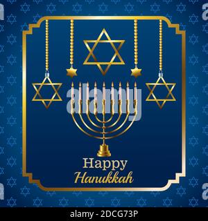 happy hanukkah carta di celebrazione con candelabro e stelle in piazza disegno dell'illustrazione vettoriale del telaio Illustrazione Vettoriale