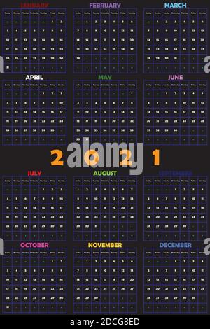 2021 Calendario annuale Planner grande spazio editabile su designer nero taglia Illustrazione Vettoriale