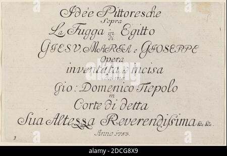 Giovanni Domenico Tiepolo, (artista), Veneziano, 1727 - 1804, Title Page, Flight into Egypt: pl.3, (serie), pubblicato nel 1753, incisione Foto Stock