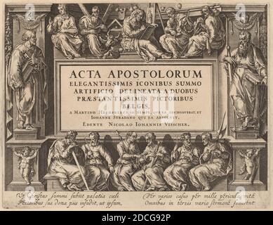 Philip Galle, (artista), fiammingo, 1537 - 1612, Jan van der Straet, (artista dopo), fiammingo, 1523 - 1605, Maerten van Heemskerck, (artista dopo), olandese, 1498 - 1574, Title Page, atti degli Apostoli, (serie), incisione Foto Stock