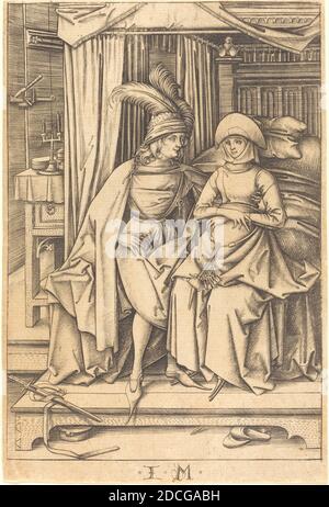 Israhel van Meckenem, (artista), tedesco, c.. 1445 - 1503, coppia seduta su un letto, Scenes of Daily Life, (serie), c.. 1495/1503, incisione Foto Stock