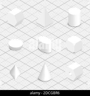 Set di varie forme geometriche. Stile isometrico 3D, illustrazione vettoriale. Illustrazione Vettoriale