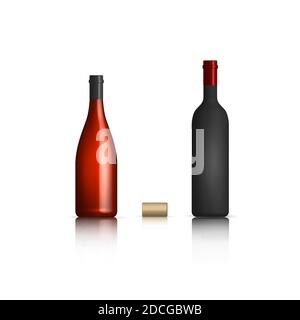 Bottiglie fotorealistiche di vino rosso con sughero. Vista frontale, illustrazione vettoriale. Illustrazione Vettoriale