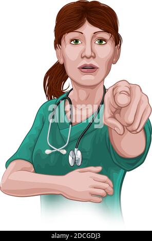 Medico o infermiere Donna in scrub uniforme puntamento Illustrazione Vettoriale